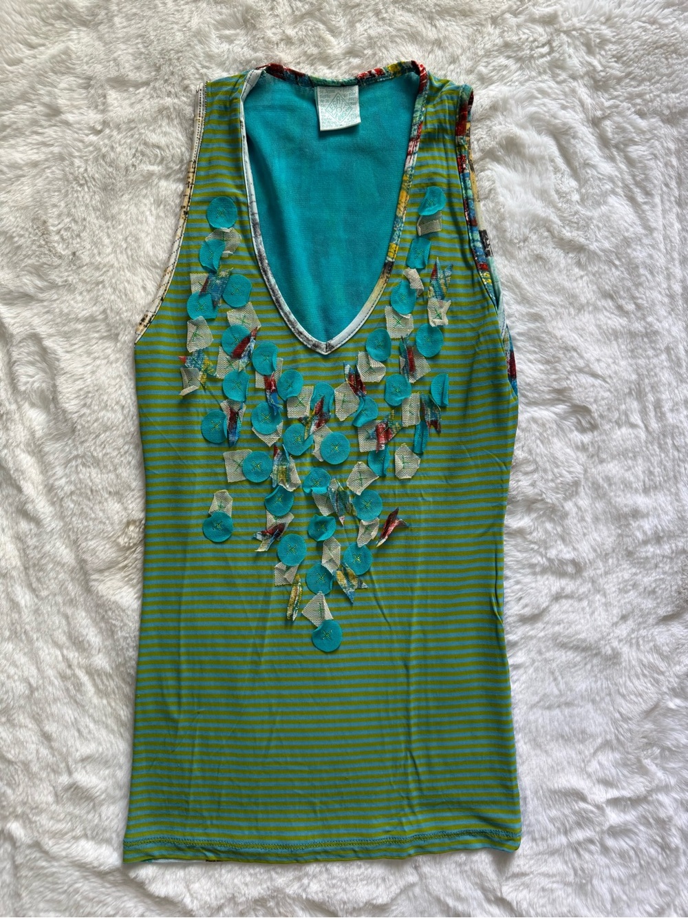 Legatte Jeans Abstract Green Striped Embellished V-Neck Mesh Tank Top